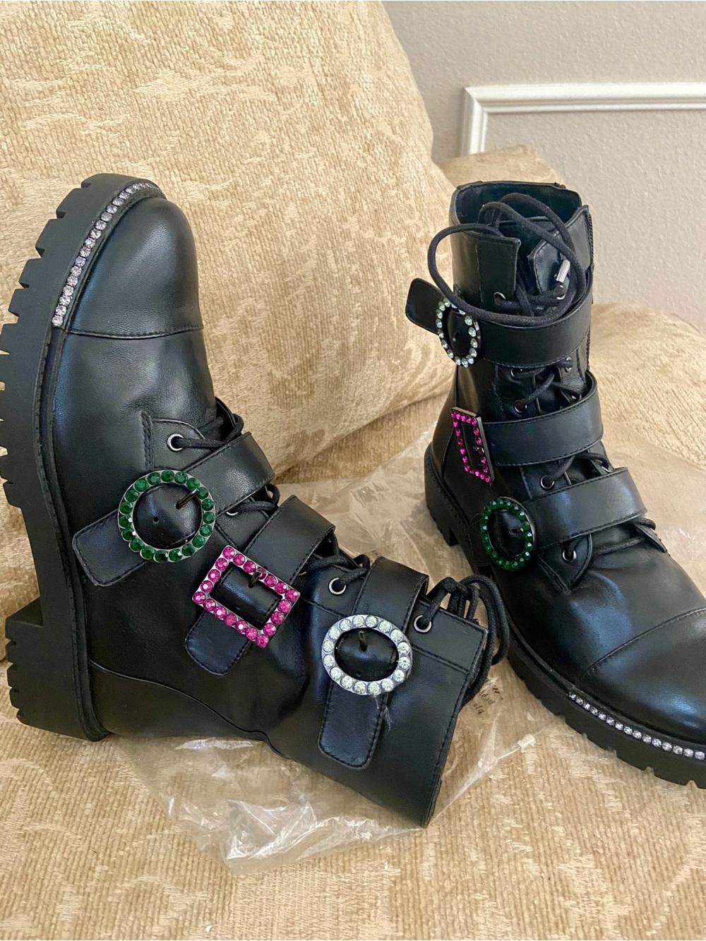 Jessica Simpson Black Women’s Rhinestone Buckle Combat Boots